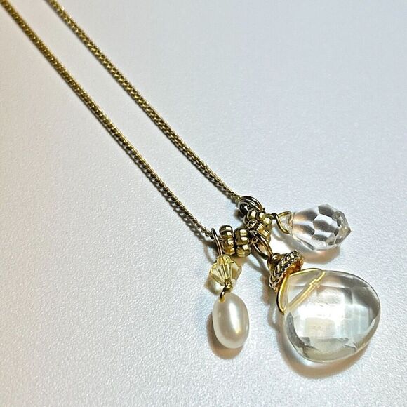 Handmade Teardrop Quartz Necklace Gold Tone Chain Cultured Pearl Rhinestone 20in - Picture 2 of 13